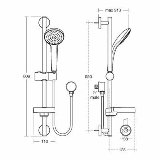 Ideal Standard Ideal Idealrain M1 Shower Kit With 100mm Single Function Handspray, 600mm Rail And 1.35m Hose - B9413AA - Image 2